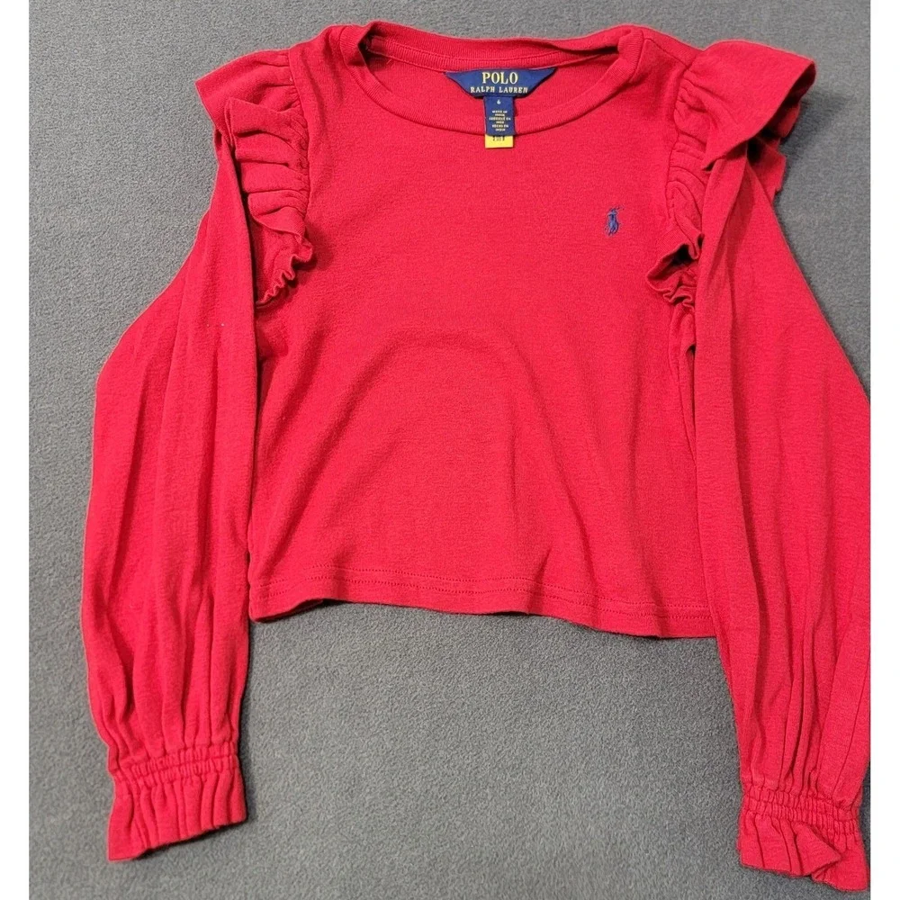 Polo Ralph Lauren Girls Red Ruffle‎ Shoulder Long Sleeve Top Smocked Cuff Size 6